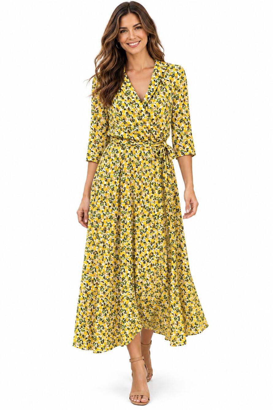 Boden Lavinia Wrap Midi Dress Womens Size 14R Lemon Vine Print Jersey 14 XL